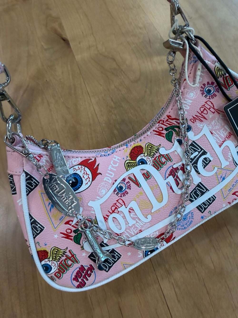 Von Dutch Light Pink Jax Shoulder Bag with Chain and Wrench Charm NWT